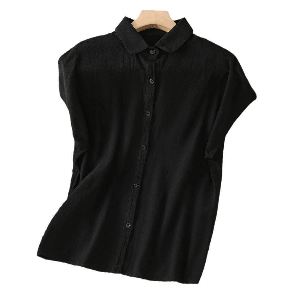 2025 Summer New Literary Cotton Solid Color Women's Shirt Loose Retro POLO Neck Small Flying Sleeve Cardigan Top