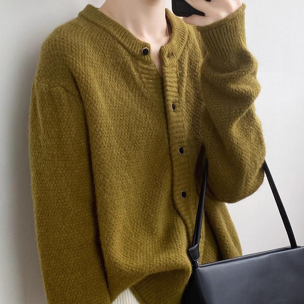 Lazy Style Round-neck Yellow Sweater Jacket for Women Spring and Autumn Knitted Cardigan Loose Solid Color Long-sleeved Casual Sweater Cardigan