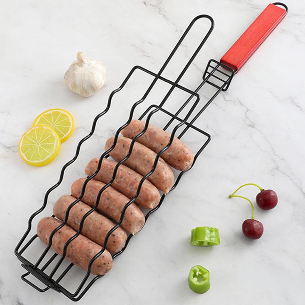 Spot Removable Non-Stick BBQ Grill Rack with Wooden Handle for Sausage, Fish, and Corn