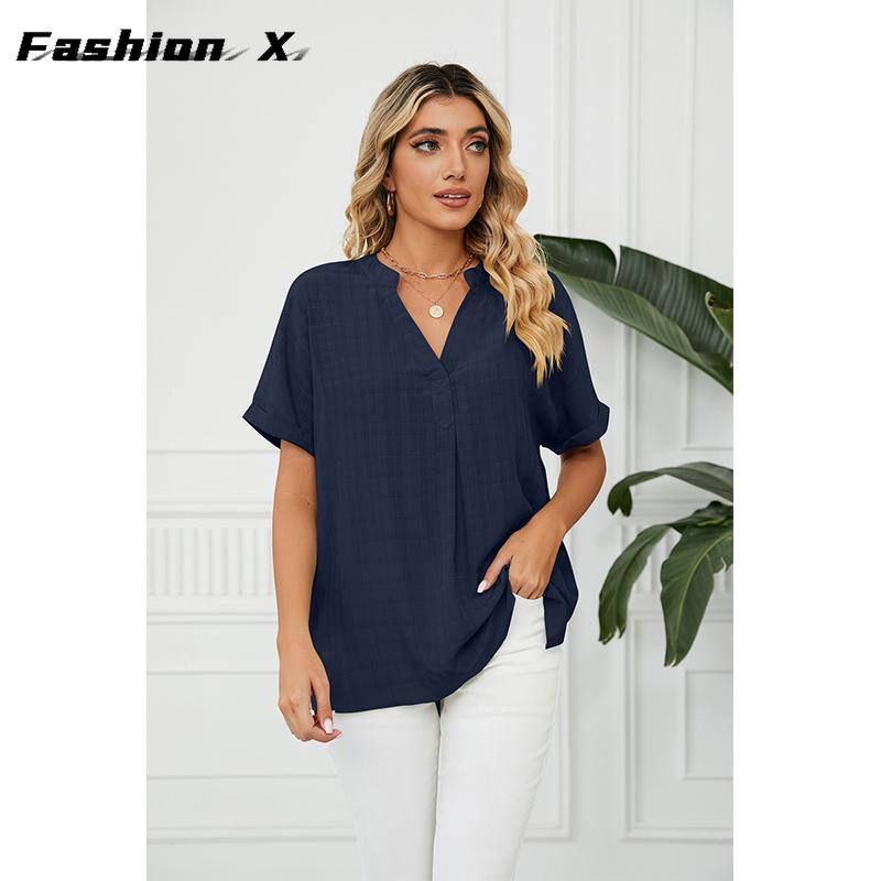 Ladies Fashion T-shirt V-neck Casual Pullover Blouse Women Loose Blouse Tops Women