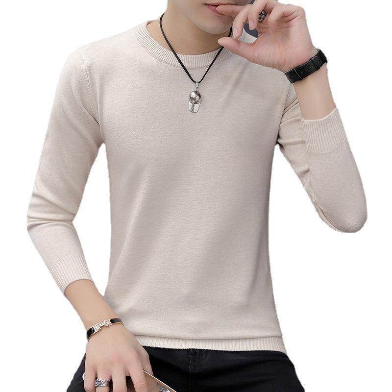 Men's White Round Neck Long Sleeve Knit Sweater for Spring, Autumn, and Winter