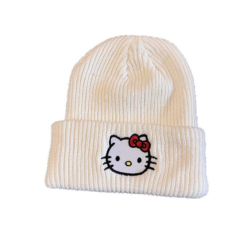 Korean Cute Embroidered Kitty Cat Knit Beanie - Warm Autumn/Winter Wool Hat with Ear Protection for Women, Large Head Circumference.