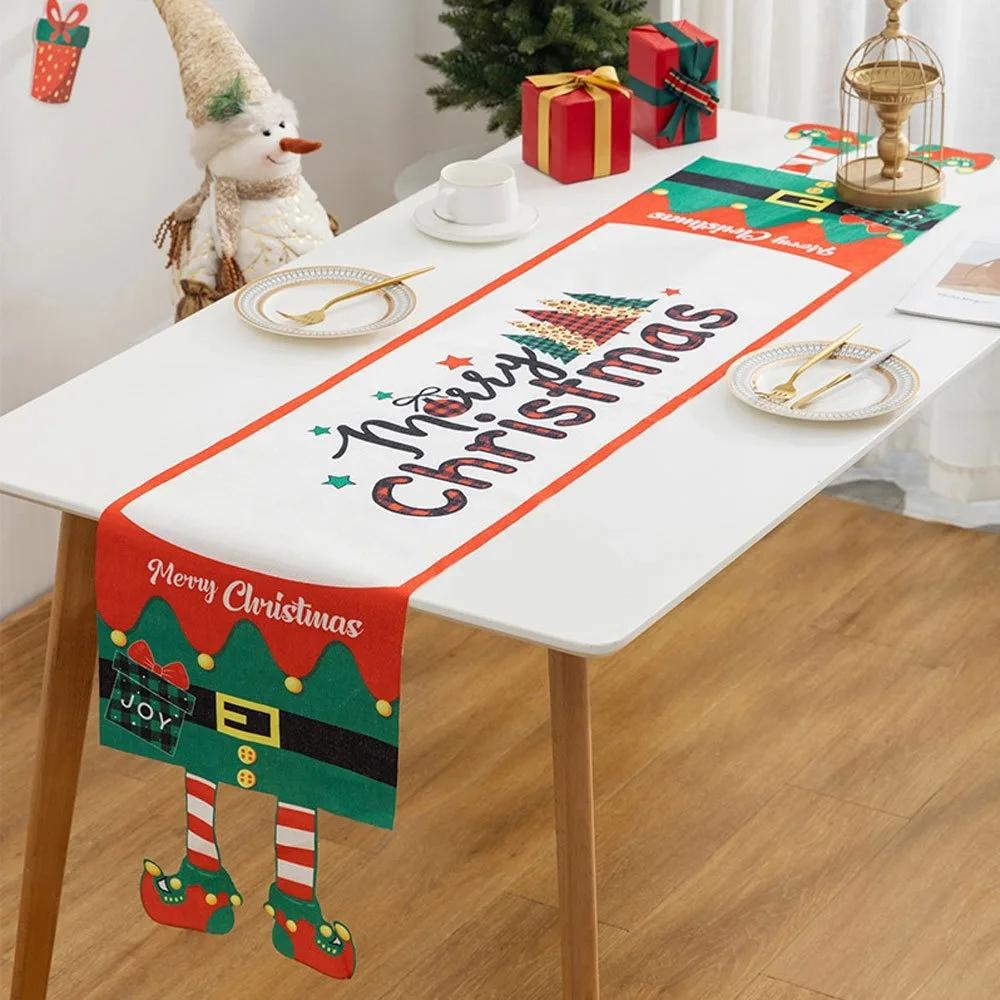 Cartoon Fabric Christmas Tablecloth Xmas Ornament Navidad Table Runner Reusable Merry Christmas Table Flag Christmas