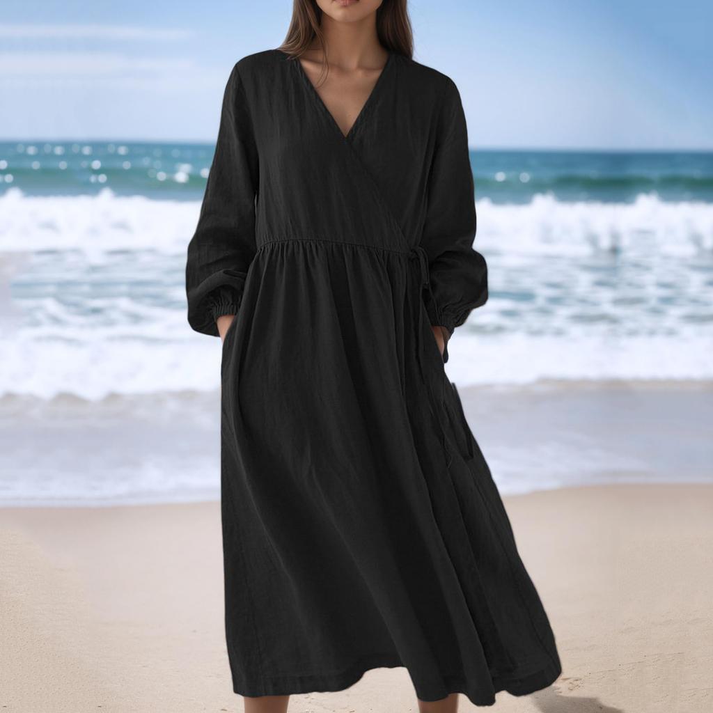 Modisches lockeres Damen-Freizeitkleid mit hohem Bund aus Baumwoll-Leinen-Mischung, langärmlig