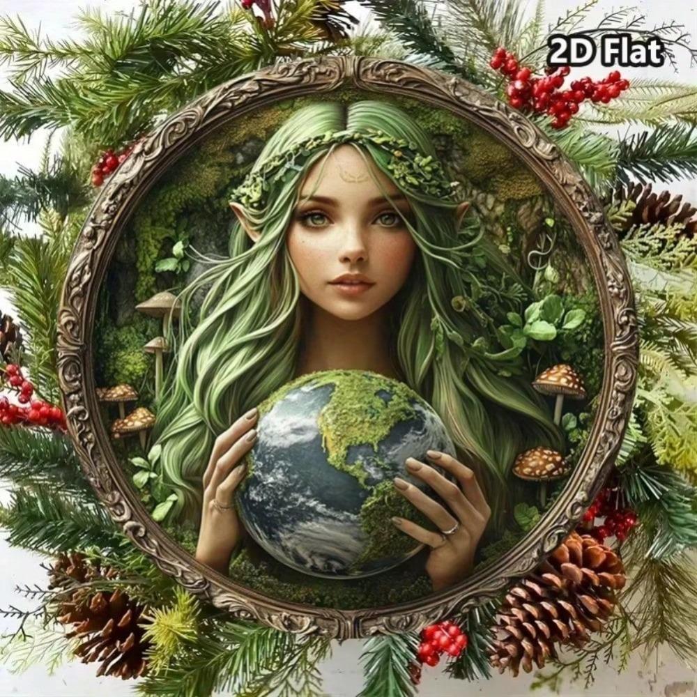Vintage Earth Metal Wall Art Round Green Haired Woman Globe Home Decor Halloween Gift