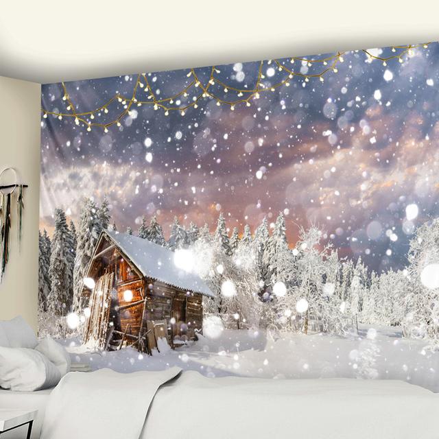 Tapisserie murale à suspendre avec paysage de neige et sapin de Noël, flocon de neige, maison, cadeau de vacances, décoration d'intérieur psychédélique rétro bohème