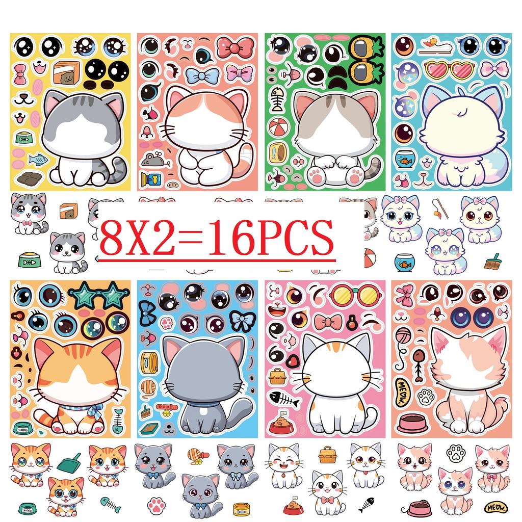 16/24PCS Cute Cat Face Changing Stationery Notebook Reward Stickers DIY Puzzle Make a Face Cartoon Stickers