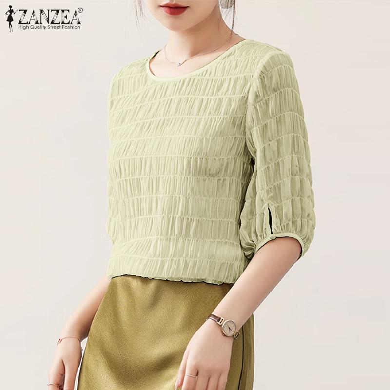 ZANZEA Women's Casual Textured O-neck 3/4 Sleeve Loose Blouse