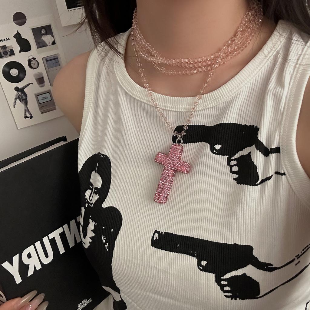 Y2k Fashion Dopamine Colored Full Crystal Cross Pendant Geometric Multi-layered Beaded Necklace for Women Hot Girl Jewelry Gifts