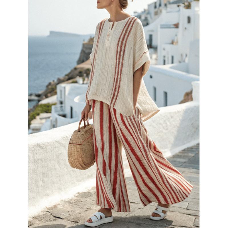 1D European and American Style Plus-size Loose Casual Five-quarter Sleeve Women's Summer Fashion Seaside Vacation Beach Two-piece Set