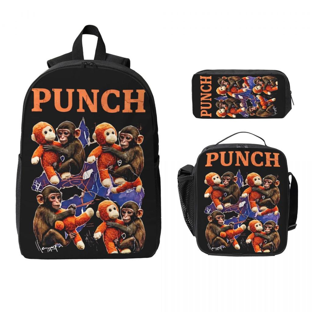 Baby Punch Monkey, Viral Monkey Kids Backpack Lunch Box Pen Bags for Boys Girls Backpacks Kawaii Schoolbag Bookbag Set