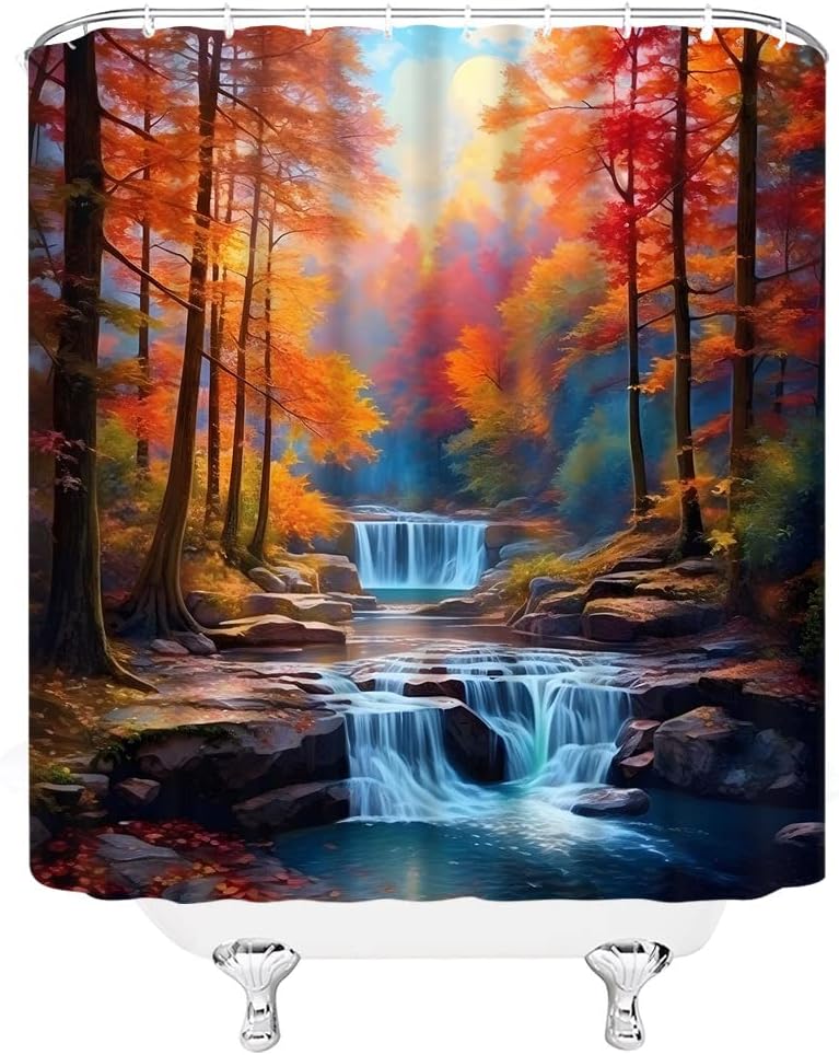Forest Waterfall Shower Curtain Rustic Tree Forest Jungle Waterfall Farmhouse Country Nature Scenery Fabric Bathroom Decor