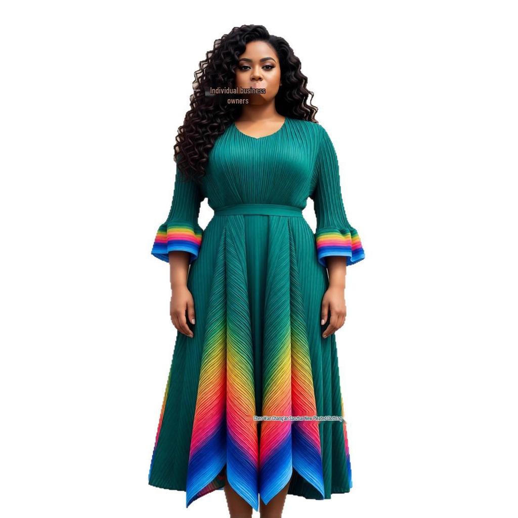 Autumn 2025 Elegant Gradient V-Neck Plus Size Dress for Women