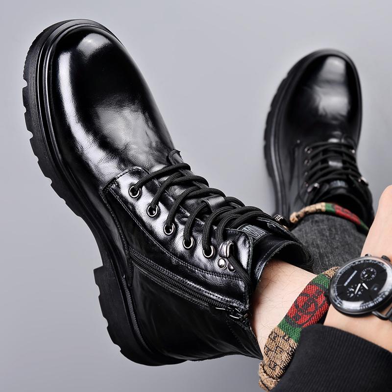 British Style Mens Winter Platform Snow Boots Fashion Genuine Leather Outdoor Antiskid Walking Ankle Boots Mens High Top Boots