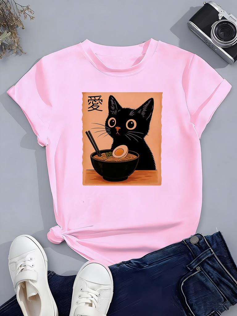 Retro Cat Kawaii Design Oil Print T Shirts Kids Childrens Tshirt Casual Boys Girls Summer Spring Casual Top Tee