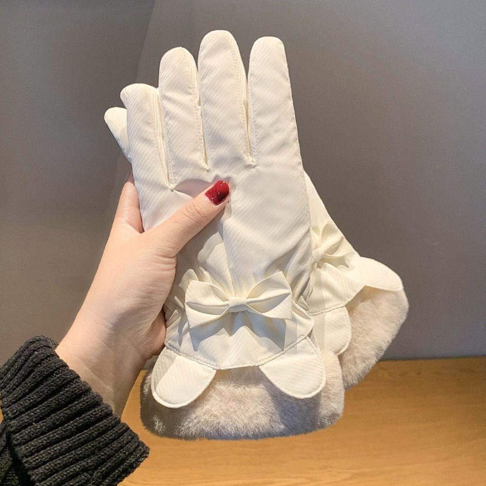 Soft Plush Thickened Gloves  Satin Windproof Gloves Gift Bow Anti-cold Mittens  Daily