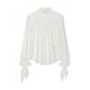 Womens Minimalist Solid Color Stand Collar Long Sleeve Blouse With Shoulder Pads Elegant Office Wear