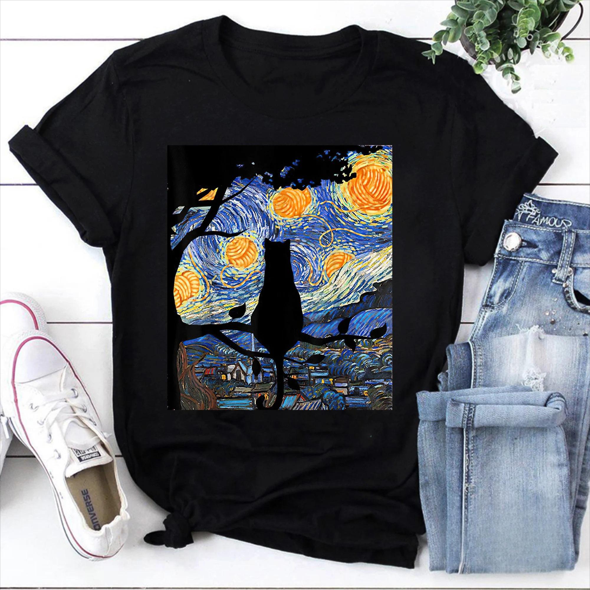 Camiseta Cat T Starry Night Cat camiseta Gif de gato de Van Gogh camisa de gato negro camisa de Van Gogh camisa de gato M