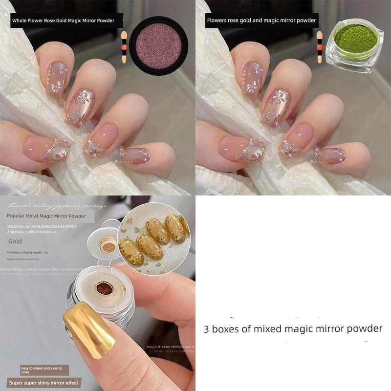 

New Gilding Five Petal Flower Nail Art Stickers Green Leaf Exquisite Mini Versitile with Adhesive Back Nail Decorations Decals 3 boxes of mixed magic mirror powder