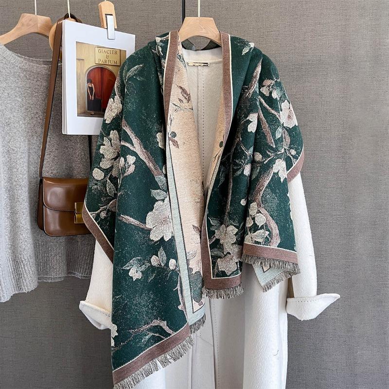Autumn and winter new imitation cashmere plant flower print scarf women's autumn warm thickened outer shawl scarf
