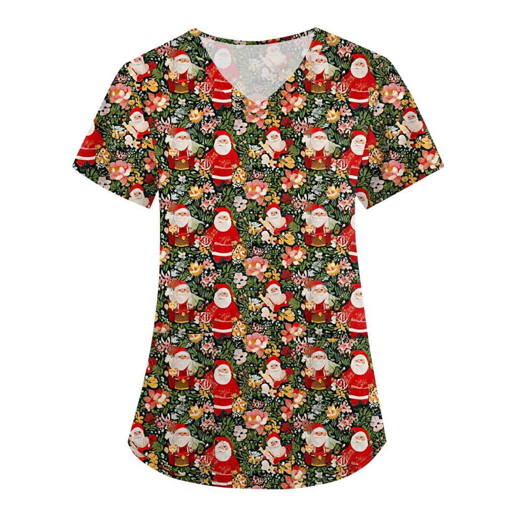 Women's Fashion V-Neck Short Sleeve Overalls With Pockets Christmas Printed Tops  Clothes