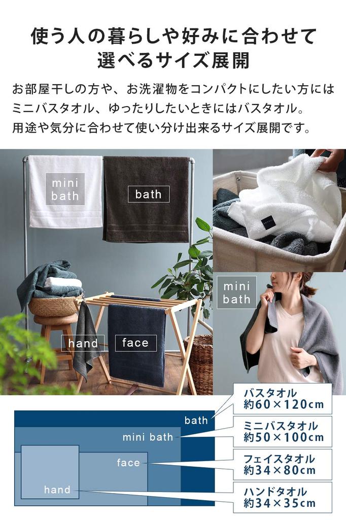 Sensui Ko Premium Extra-Long Staple Cotton Mini Bath Towel, Made In Japan, Antibacterial and Odor-Resistant, Charcoal