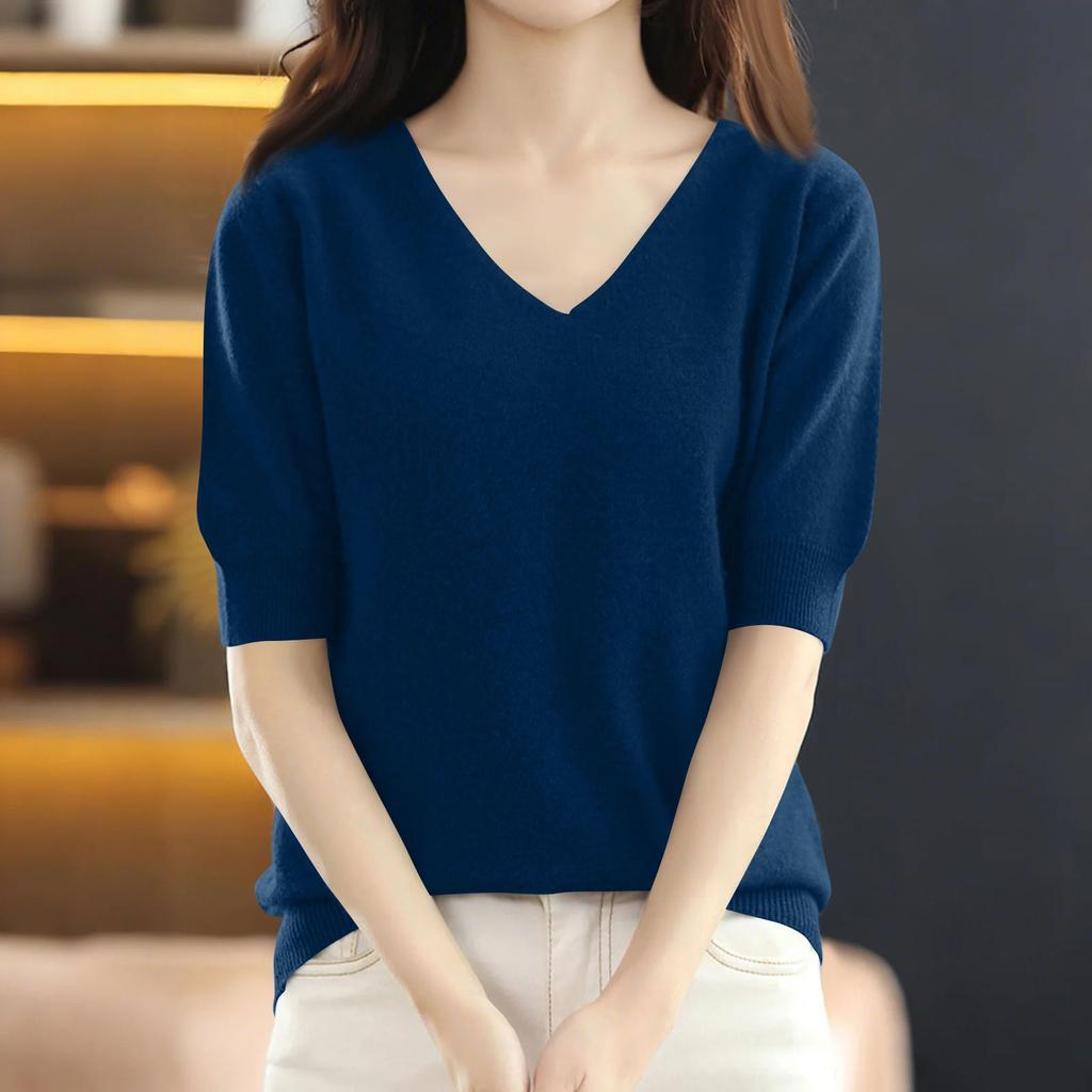 Women's Fashion Loose Knit Sweater Bottom Shirt V-Neck Pullover Sleeves Solid Color Top