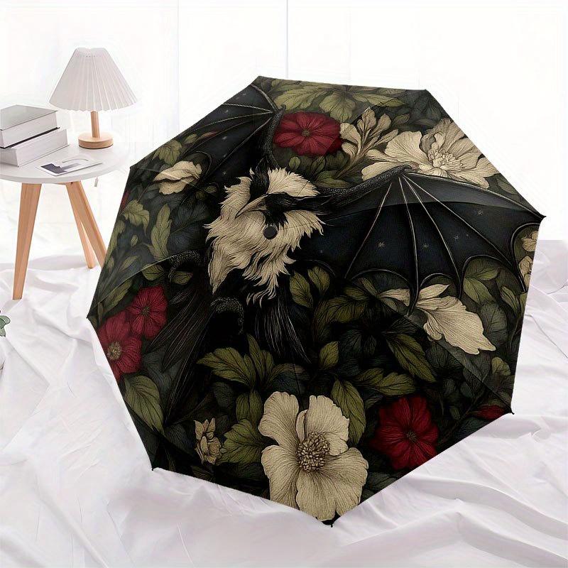 Bat & Floral Fantasy: Unique Wall Art Decor Umbrella, Cute Umbrella with Cute Design, Portable 3-Fold Compact Umbrella for Men & Women, Valentine's Da