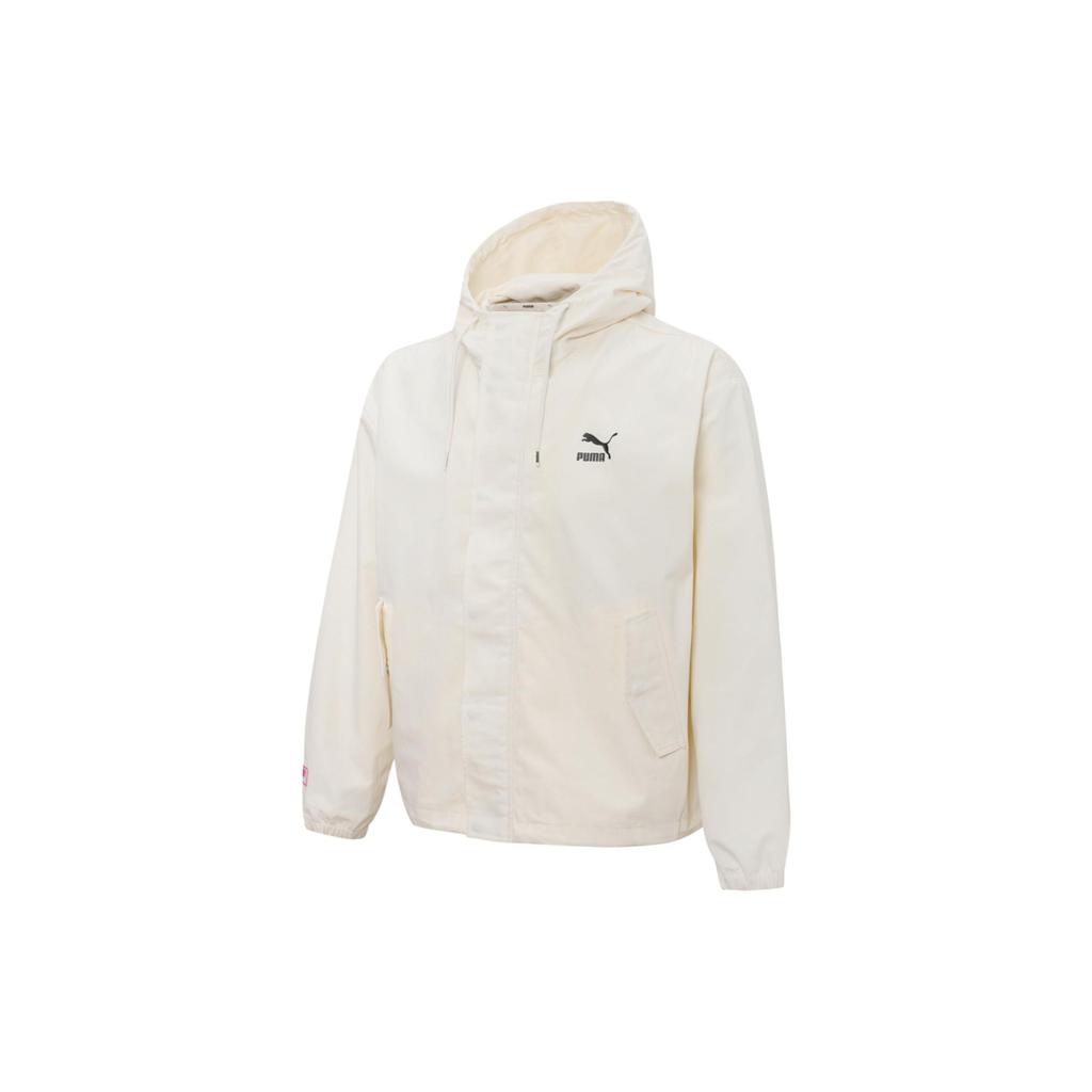 PUMA Solid Color Logo Print Zip Hoodie With Drawstring Men Tops White 537523-65