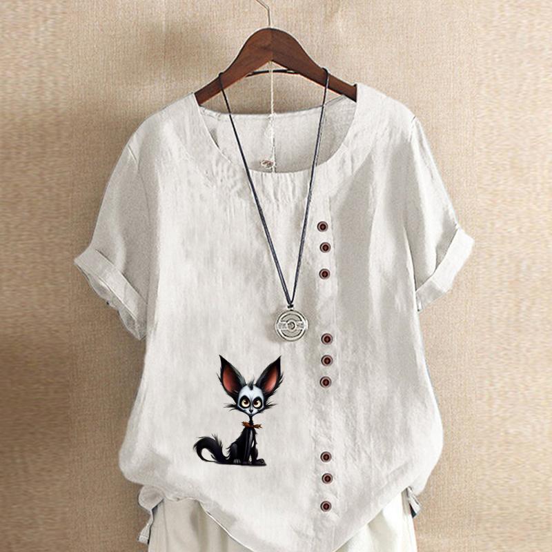 Women's Fashion Cute Fox Prined Short Sleeve T-shirt Loose Cotton Shirt Casual Loose Summer Blouse Tops Plus Size