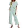 Women's Casual Two Piece Set Striped Top and Pants Loose Fit Short Sleeve Pullover with Elastic Waistband Wide Leg Trousers