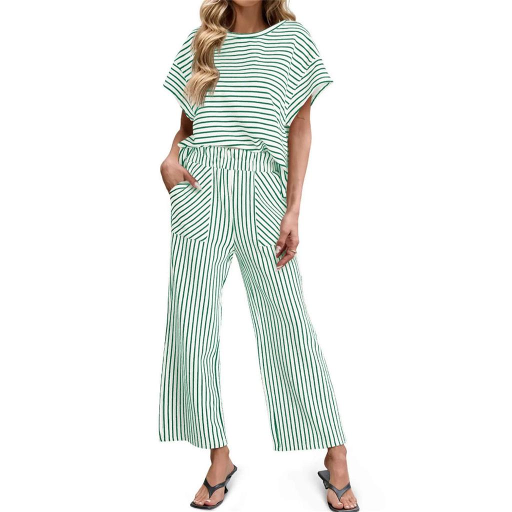 Women's Casual Two Piece Set Striped Top and Pants Loose Fit Short Sleeve Pullover with Elastic Waistband Wide Leg Trousers