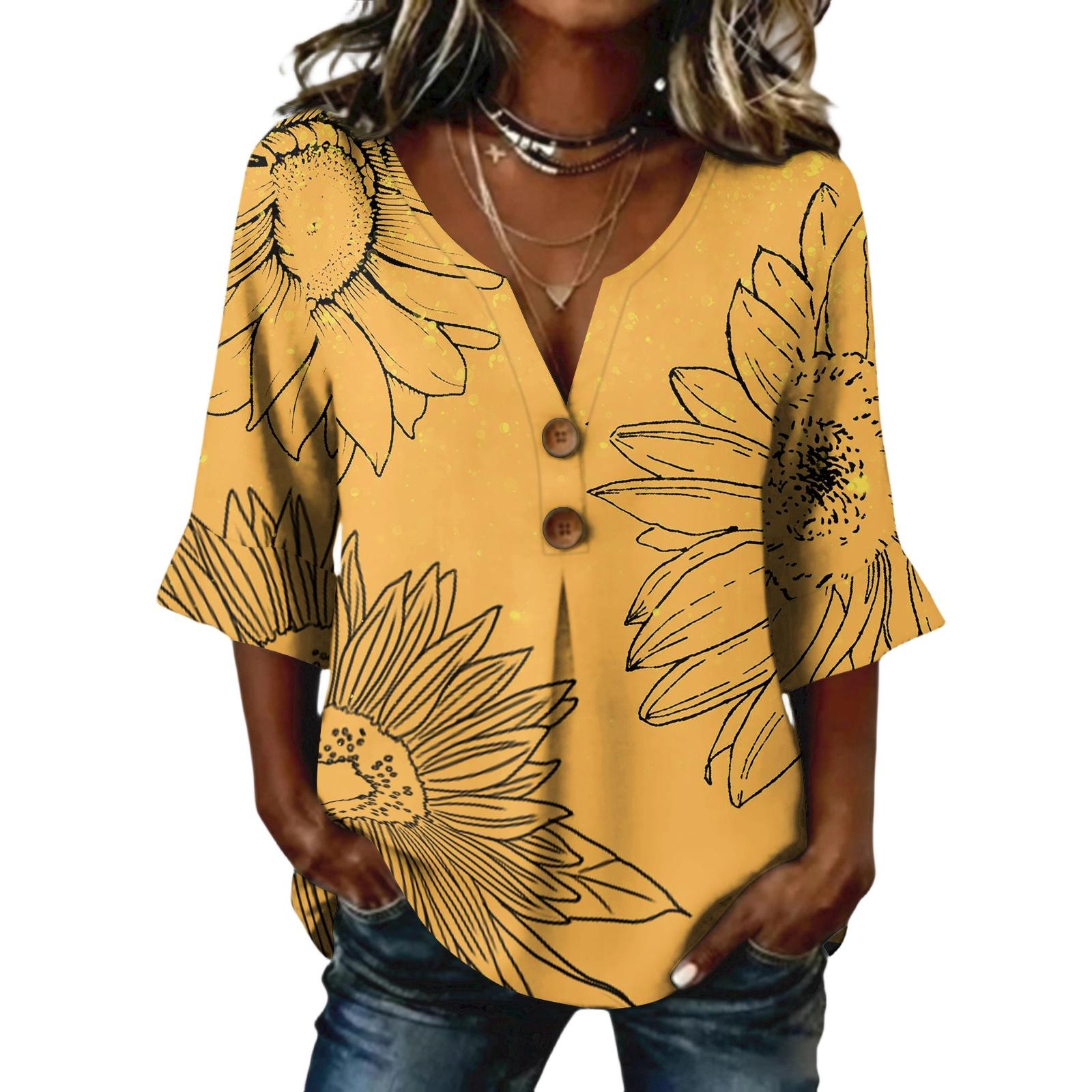 

Ladies floral print button casual V-neck fashionable seven quarter sleeve top S жовтий