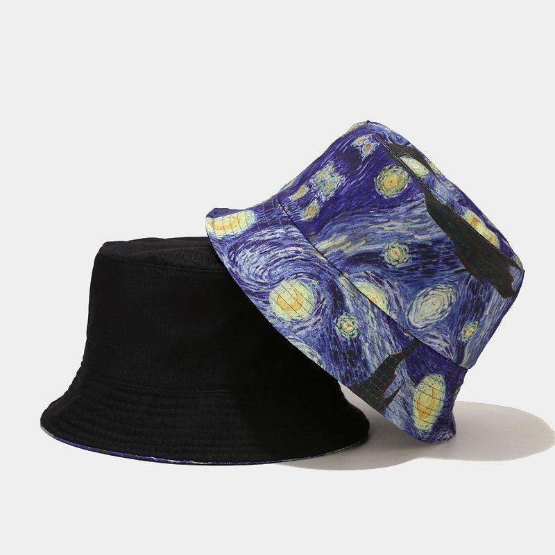 Cappello a Secchiello Reversibile Double Face con Disegno Notte Stellata - Cappello da Sole da Viaggio Moda Occidentale per Unisex Uso Quattro Stagioni