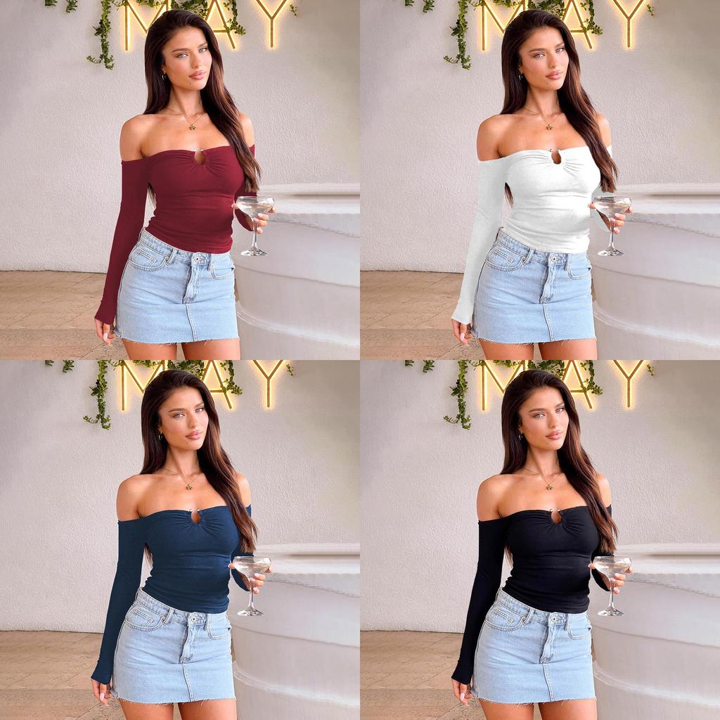 Sexy Girl Long Sleeve Knit Top With Metal Buckle And Off Shoulder Design For Streetwear Style