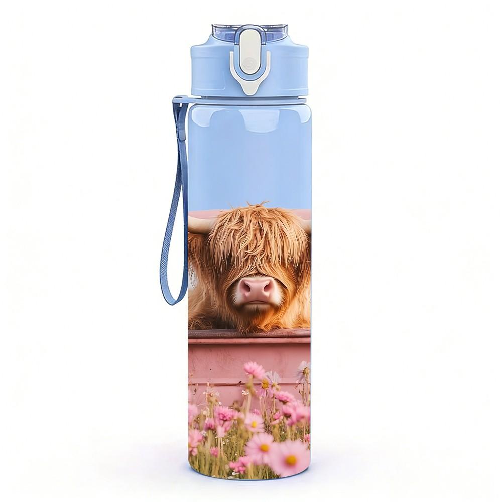 1PC Highland Cow Pink Retro Pickup Truck Art 750ml Color Plastic Sports Water Bottle Leakproof Flip Straw Lid Suitable for Sports Office Home Use