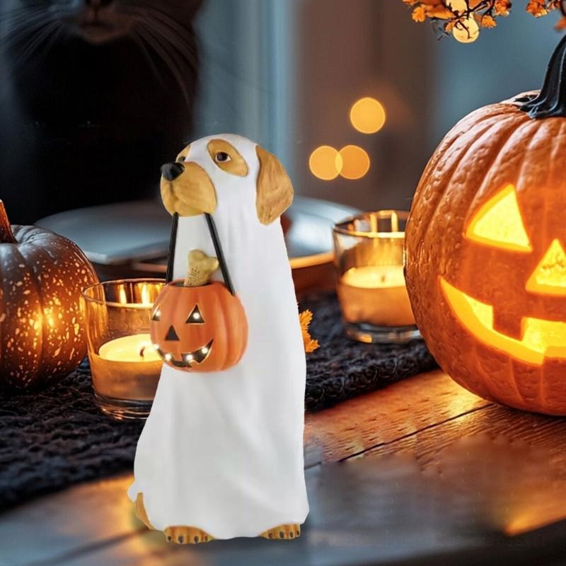 Halloween Resin Dog Statue with Illuminated Bucket and Bone Detail for Window, Entryway, Party Tables, and Indoor Party Centerpiecs