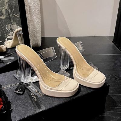 Damen-High Heels Sommer 2025 neu Oberbekleidung Ein-Wort-Slipper Superhoher Absatz Wasserdichte Plateausandalen Transparentes Kristall und Hausschuhe
