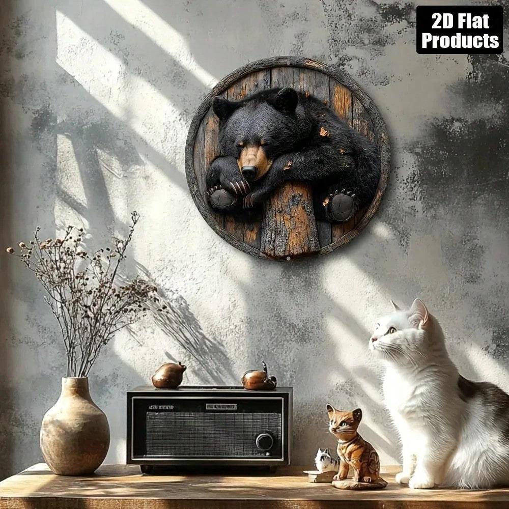 Round Black Bear Metal Wall Art Sign Durable Aluminum Decorative Plaque