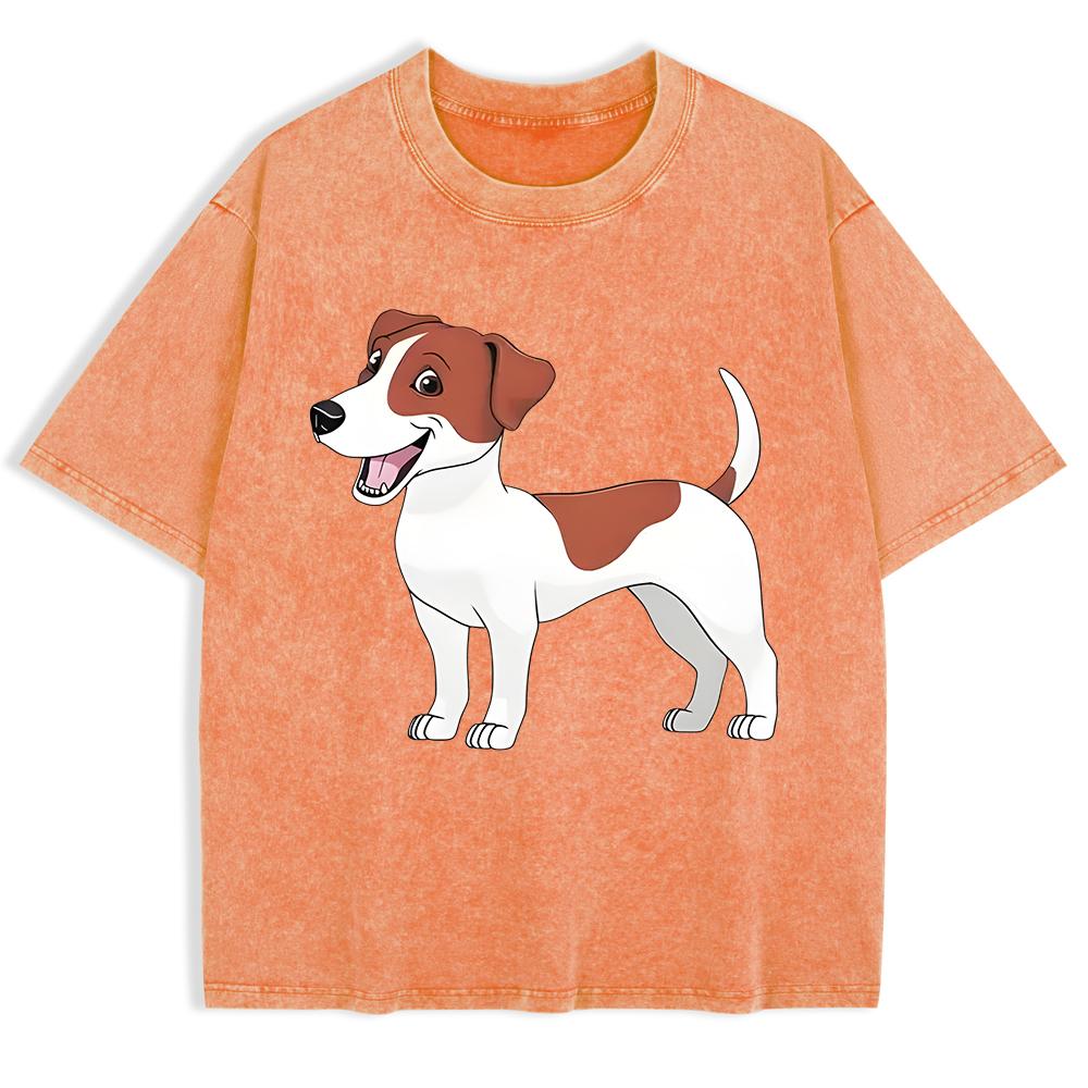 Russell Terrier Puppy Printing Washed T-Shirts Mens Cotton Short Sleeve Tops Street O-Neck Oversize T Shirt Clothes