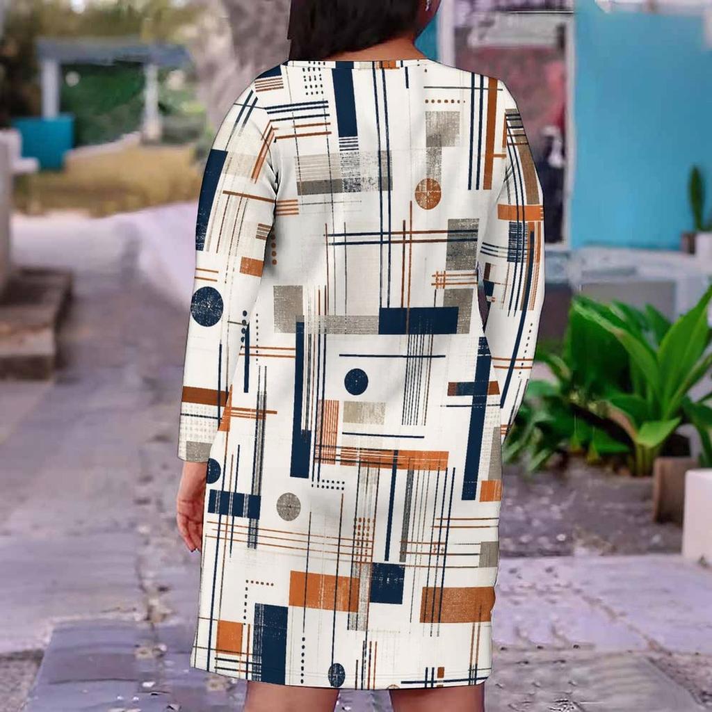 Women Plus Size V Neck Long Sleeve Radial Printed Black Orange Beige Straight Hem Dress