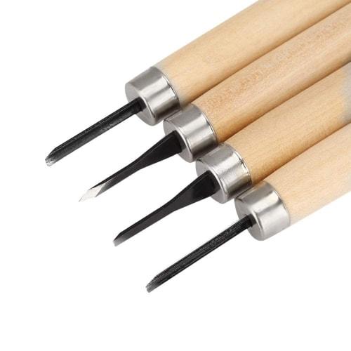 Wood Carving Tool Set, 4-Piece Set with Chisels, Extra Fine, Round, and Extra Fine, for Beginners, Manual Sharpener, Rubber Stamp, Knife Carving Tool