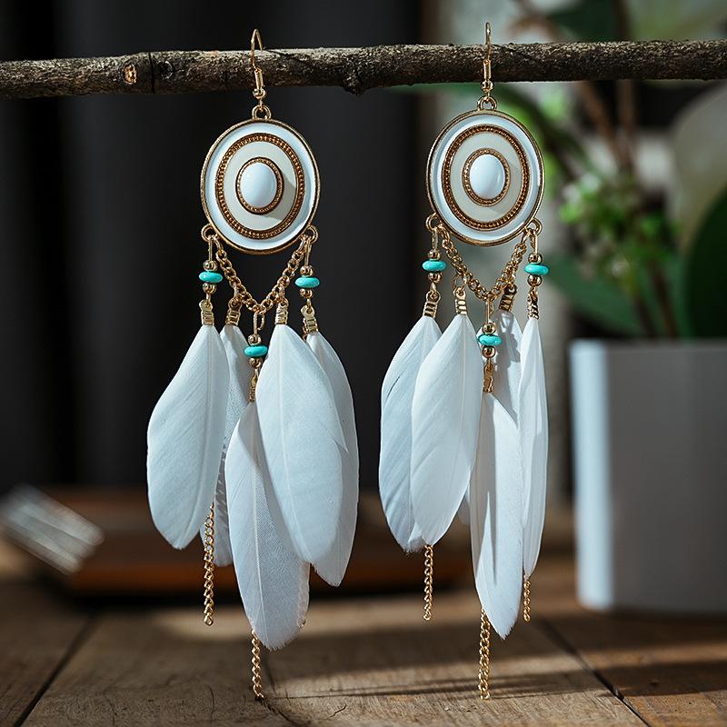 White Enamel Peacock Water Drop Feather Earrings for Women Ethnic Elegant Long Crystal Rhinestone Earring Boho Vintage Jewelry