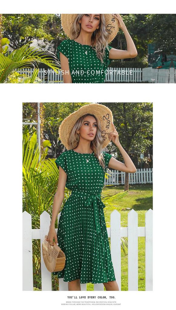 Women's Summer Polka Dot Round Neck Midi Dress with Retro Pleated Skirt