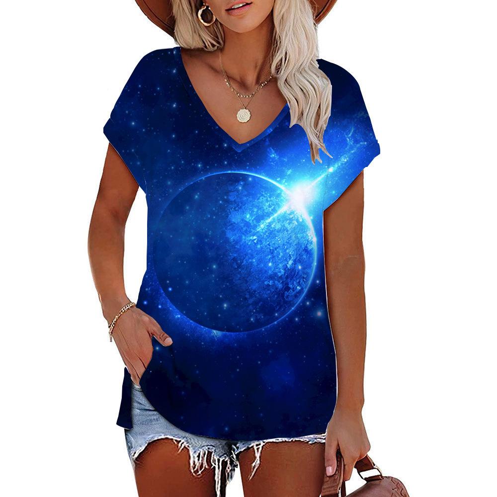 Women's T-shirt 3D Pattern Printed Casual Short Sleeved V-Neck Top Fashionable Street Women's Clothing