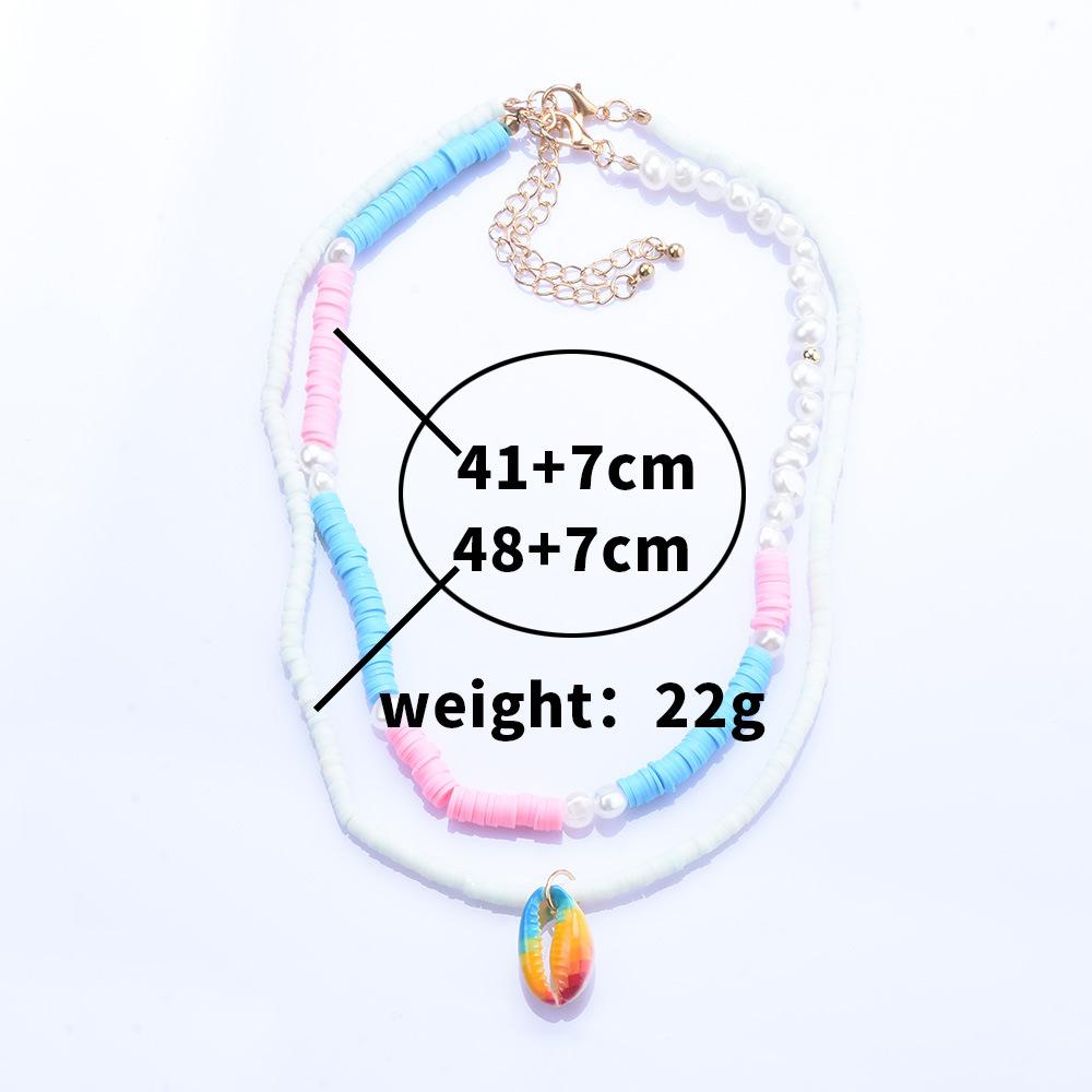 Bohemian Colorful Soft Pottery Pearl Rice Bead Neck Chain Double Shell Pendant Necklace