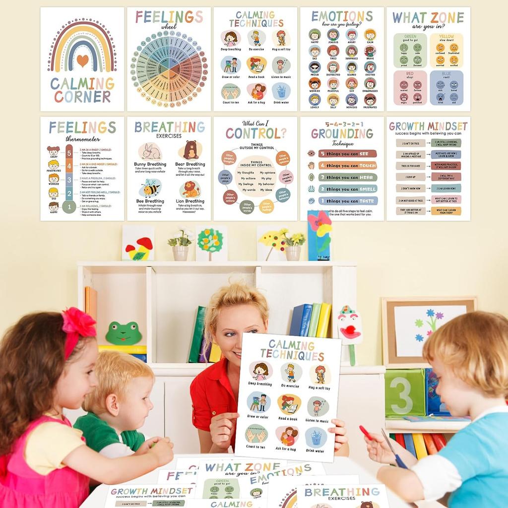 10 Calming Corner Posters for Classroom Decorations, Boho Feeling Charts Poster, Calm Down Corner Mental Health Poster for Toddlers, Kids Educational