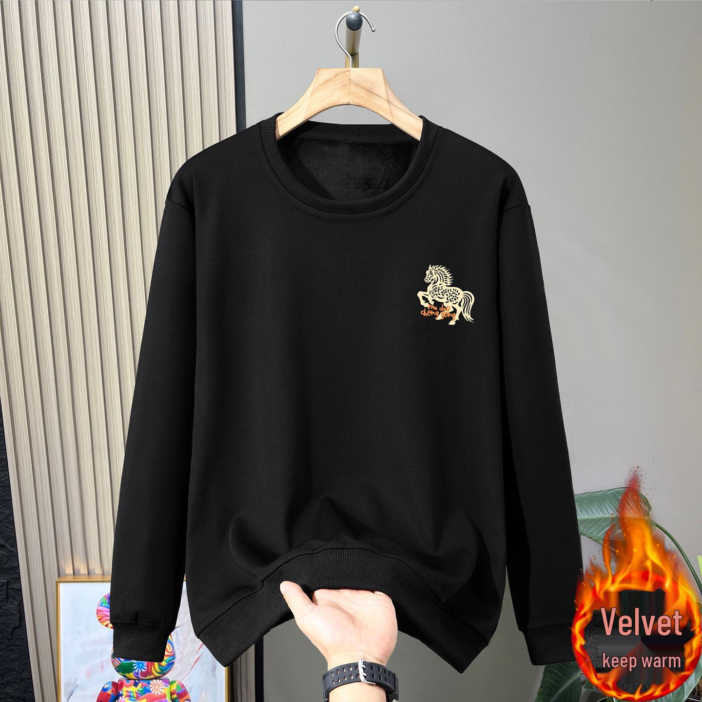 

Plus Size Velvet Hoodie with Horse Print - Year of the Horse Trend, 330 Jin, Round Neck 6XL