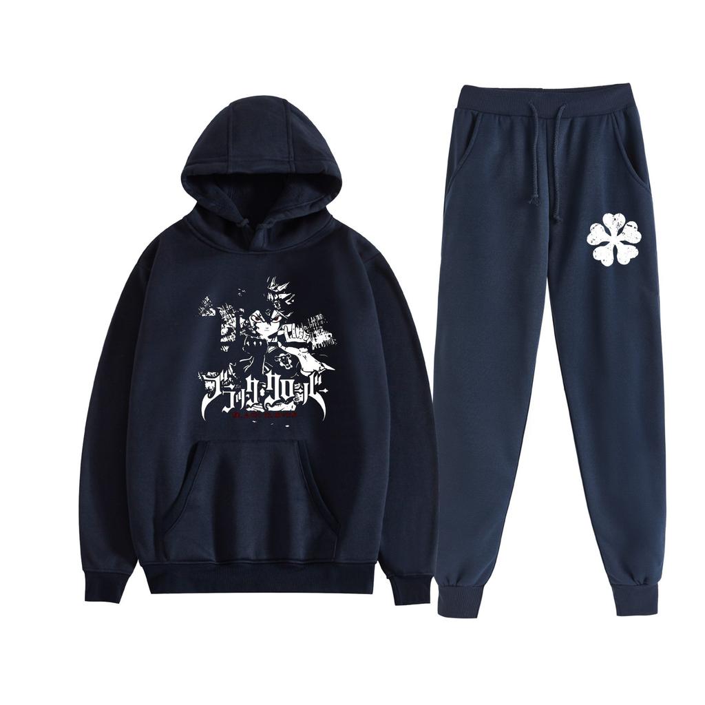 Europe, America, Autumn and Winter Black Four-leaf Clover Peripheral Two-dimensional Men's and Women's Leisure Sports Fleece Hooded Sweater Set 
