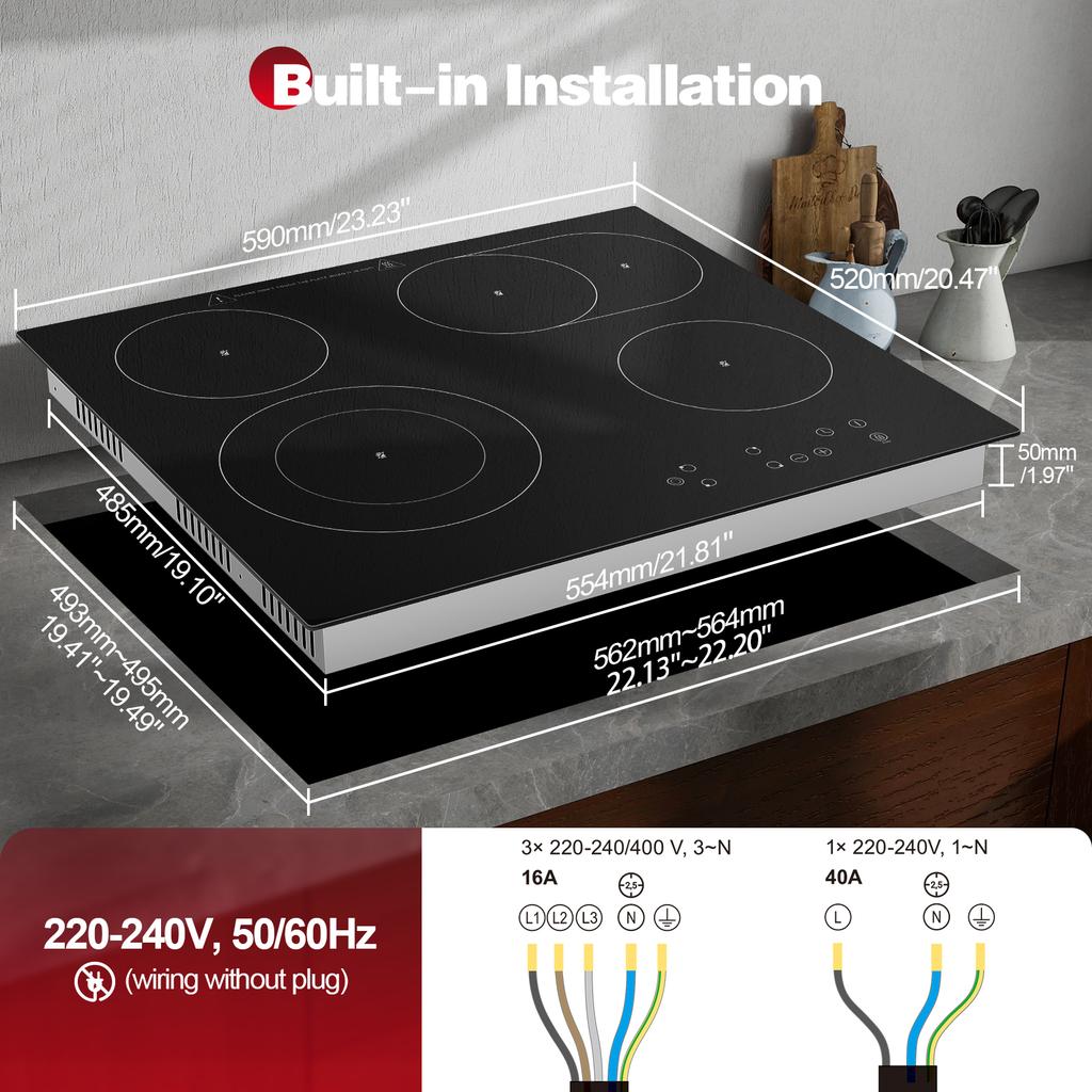 Glass Ceramic Hob 4 Plates, Built-in Hob 60 Cm, Hob 4 Hobs, 6600 W, Double & Oval Cooking Zone,, Touch, Timer, CHE66S244
